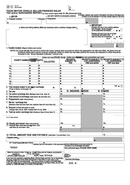 Form 14-117 - Texas Motor Vehicle Seller-Financed Sales Tax And/or Surcharge Report Printable pdf