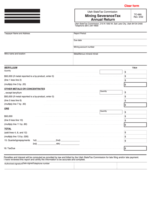 Form Tc-685 - Mining Severance Tax Annual Return Printable pdf