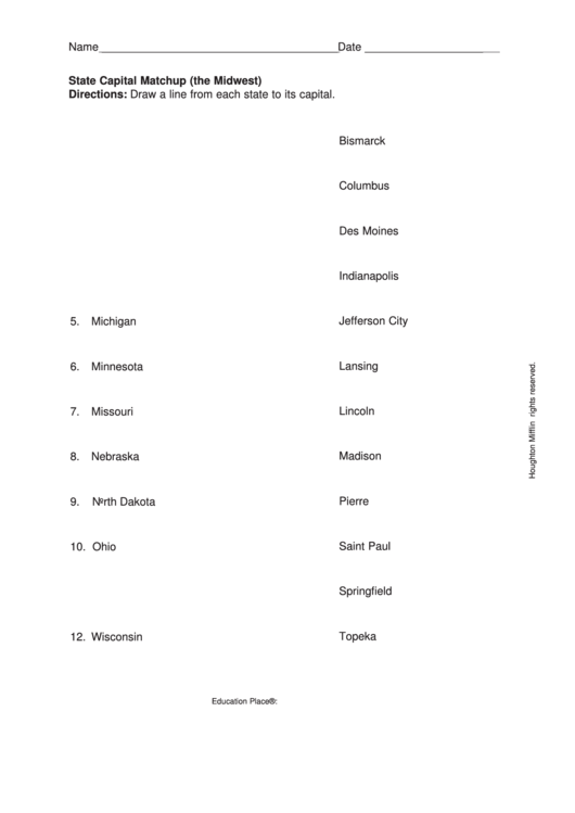 State Capital Matchup (The Midwest) Worksheet Printable pdf