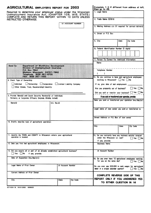 Fillable Form Uct-5334 - Agriculture Employer