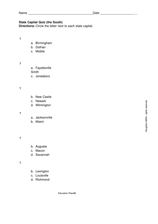 State Capital Quiz (The South) Worksheet Printable pdf
