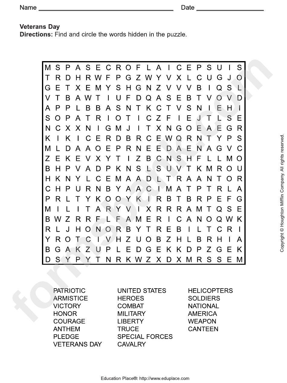 Veterans Day Word Search Puzzle Worksheet