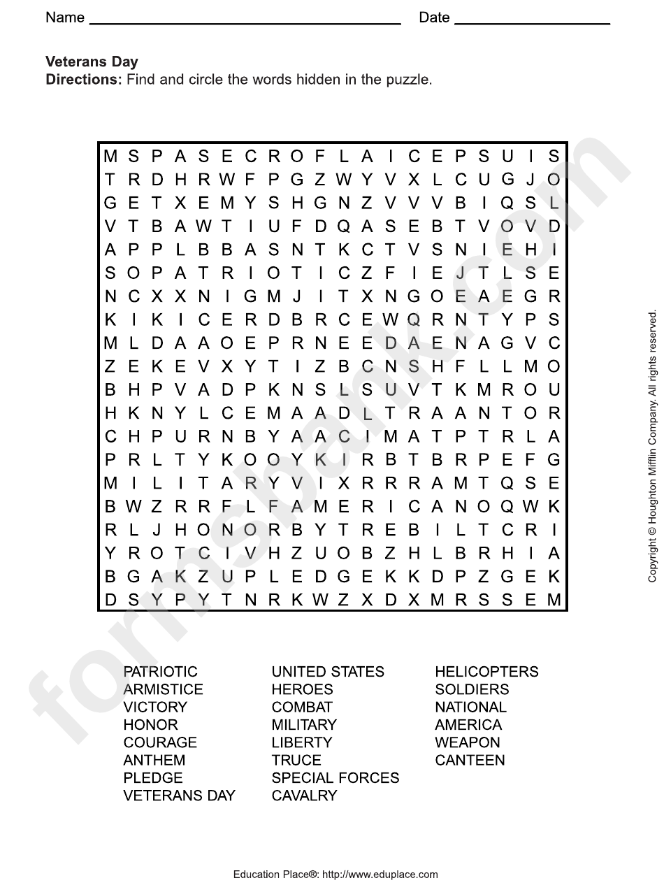 Veterans Day Word Search Puzzle Worksheet Printable Pdf Download