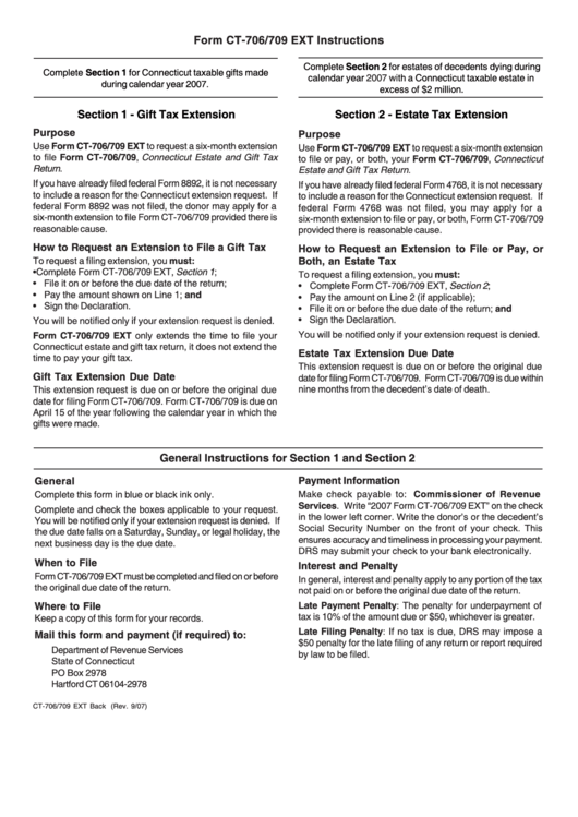 Form Ct-706/709 Ext Instructions - State Of Connecticut Printable pdf