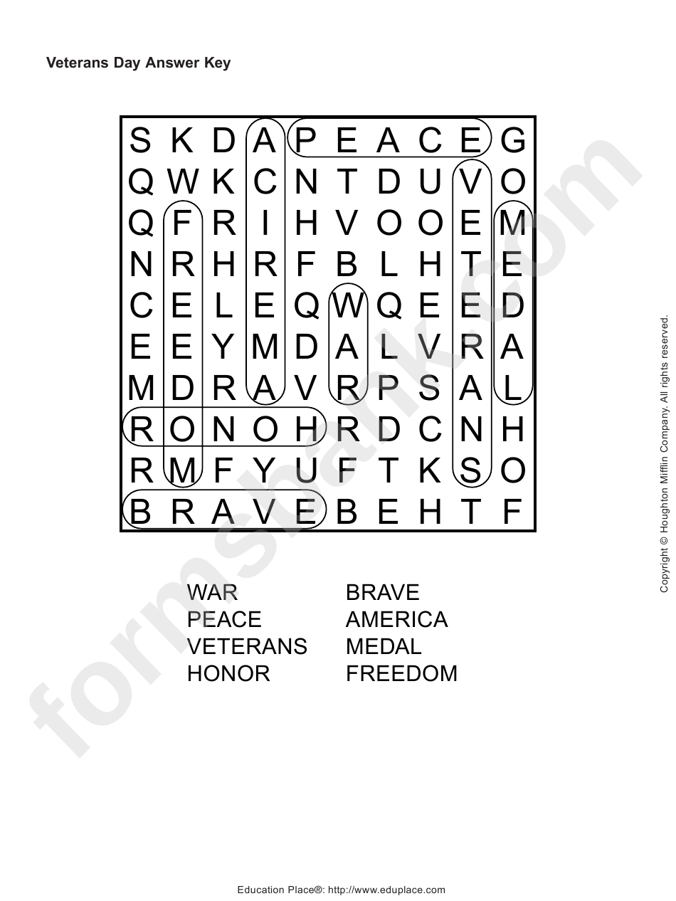Veterans Day Word Search Puzzle With Answers