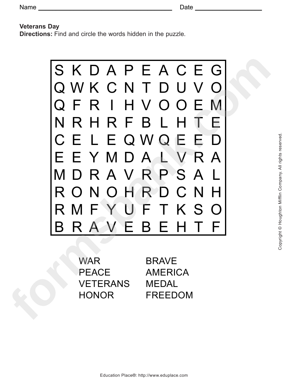 Veterans Day Word Search Puzzle Worksheet printable pdf download