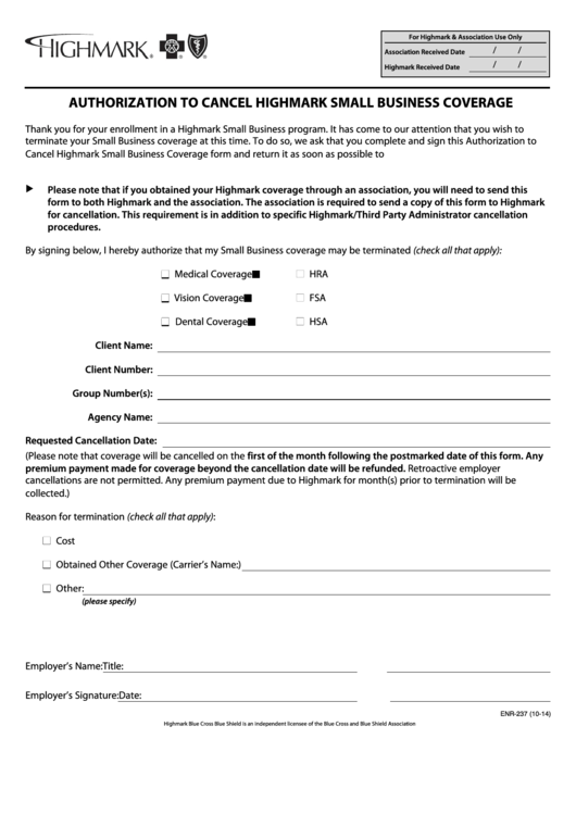 Form Enr-237 - Authorization To Cancel Highmark Small Business Coverage Printable pdf