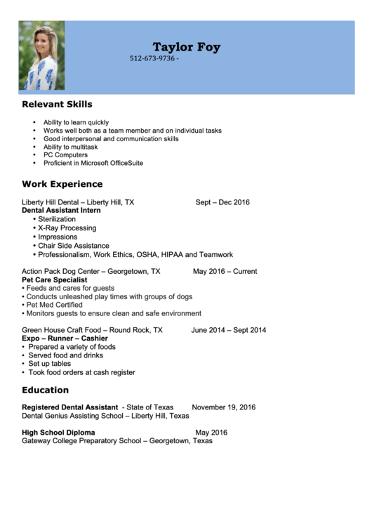 Sample Dental Assistant Resume Template Printable pdf