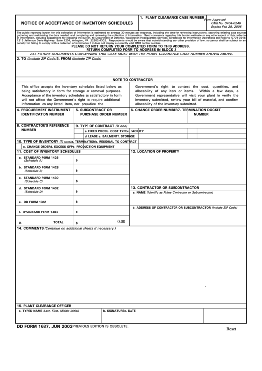 Fillable Dd Form 1637 - Notice Of Acceptance Of Inventory Schedules Printable pdf