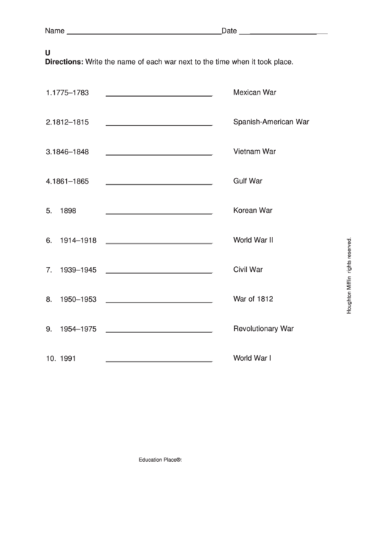 U.s. Wars Matchup History Worksheet Printable pdf