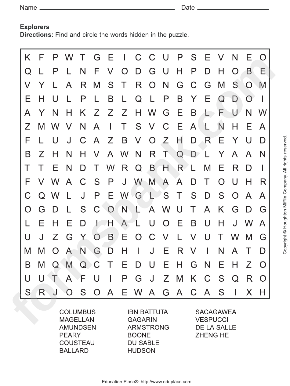 Explorers Word Search Puzzle Worksheet