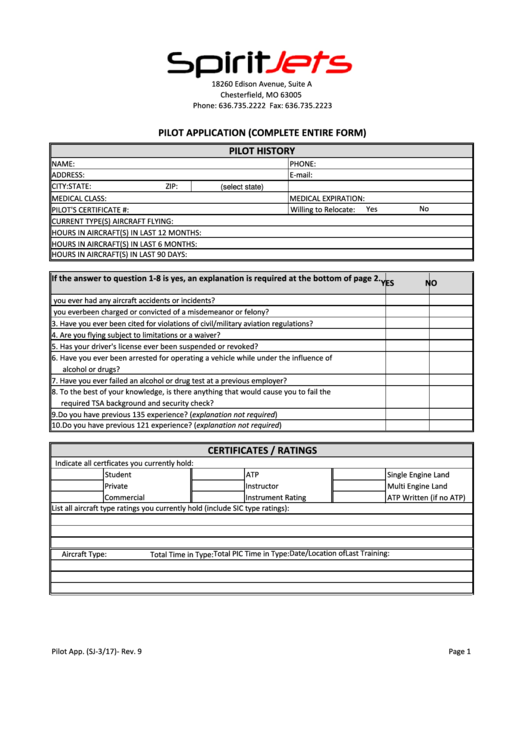Fillable Pilot Application Form Printable pdf