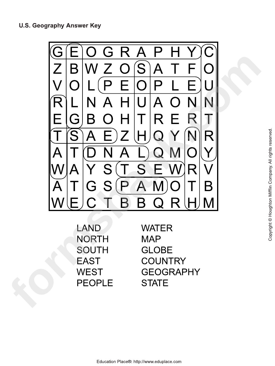 U.s. Geography Word Search Puzzle Worksheet With Answers