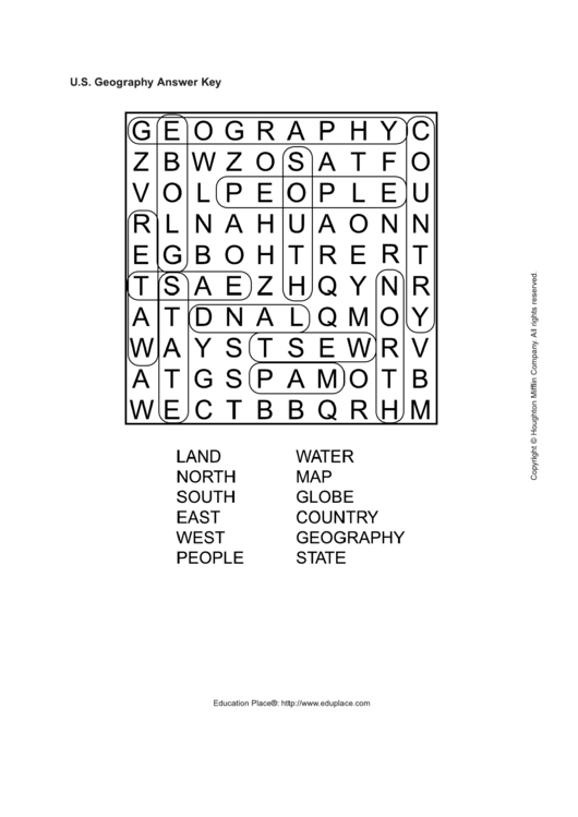 U.s. Geography Word Search Puzzle Worksheet With Answers Printable pdf