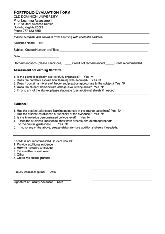 Portfolio Evaluation Form Printable pdf