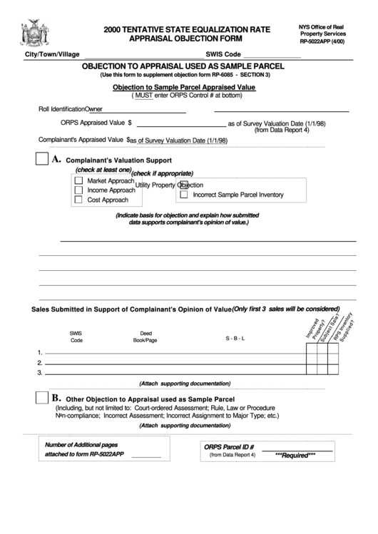 Form Rp-5022app - Objection To Appraisal Used As Sample Parcel Printable pdf