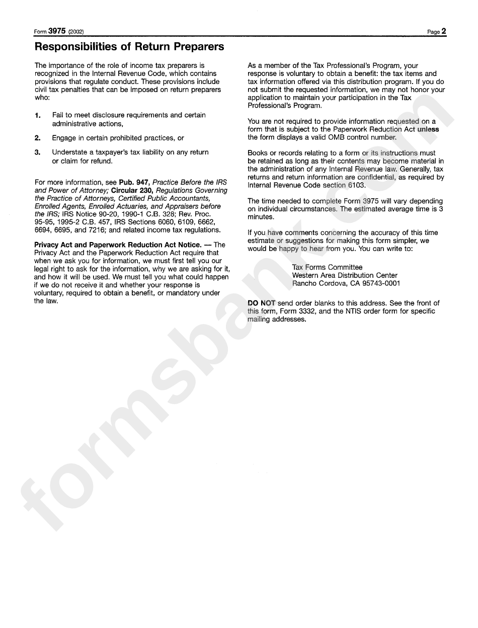 Form 3975 Instructions - Responsibilities Of Return Preparers