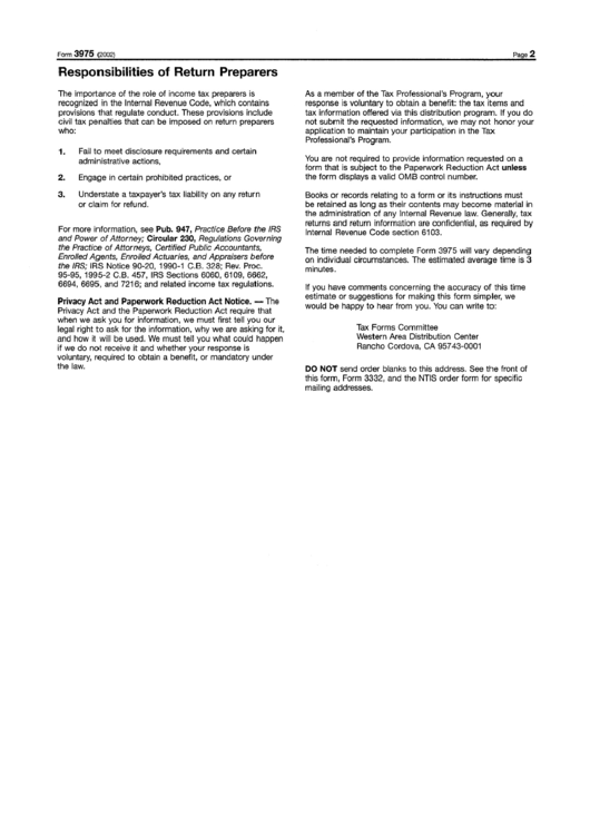 Form 3975 Instructions - Responsibilities Of Return Preparers Printable pdf