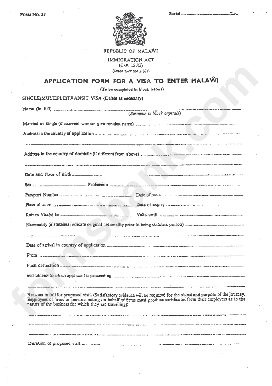 Form 27 - Application Form For A Visa To Enter Malawi