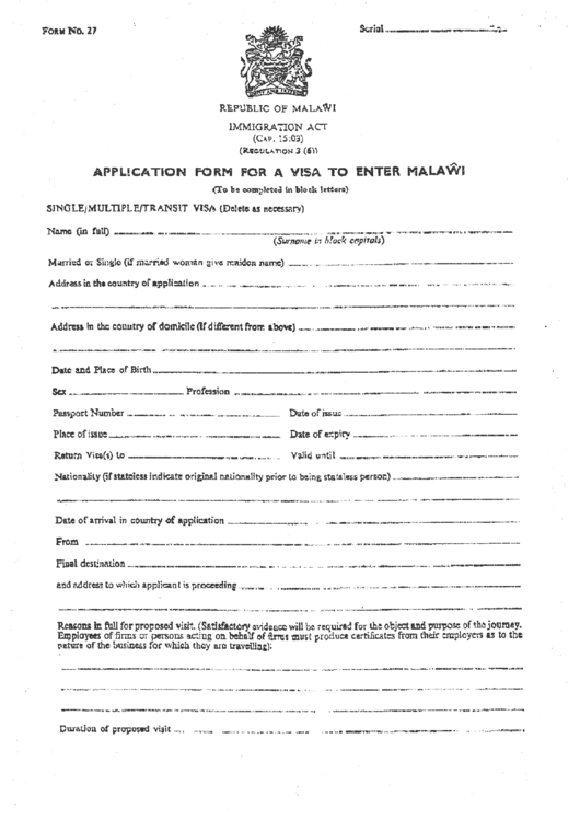 Fillable Form 27 - Application Form For A Visa To Enter Malawi Printable pdf