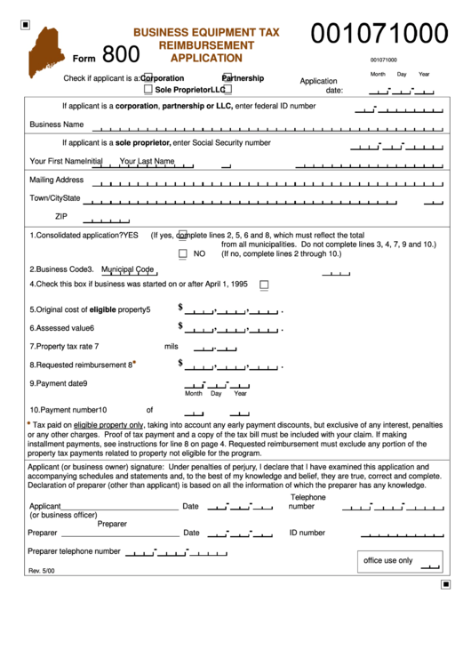 Form 800 - Business Equipment Tax Reimbursement Application - 2000 Printable pdf