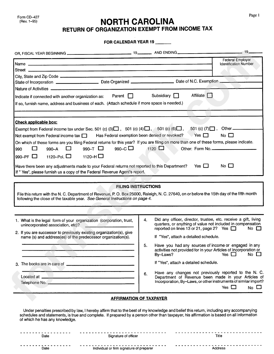 Form Cd-427 - Return Of Organization Exempt From Income Tax