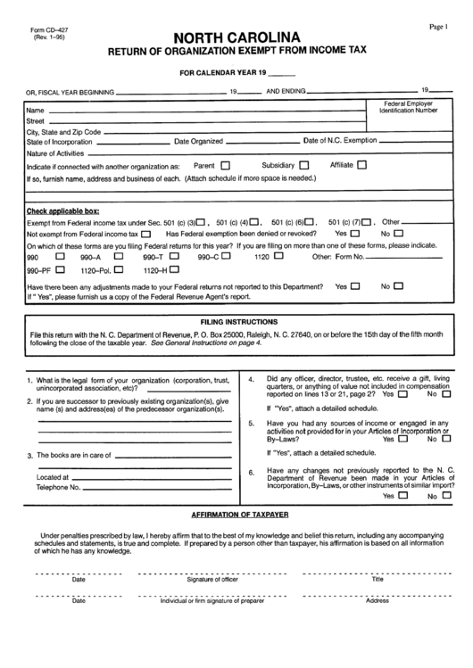 Form Cd-427 - Return Of Organization Exempt From Income Tax Printable pdf