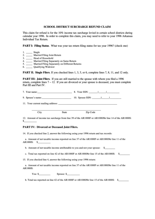 School District Surcharge Refund Claim Printable pdf