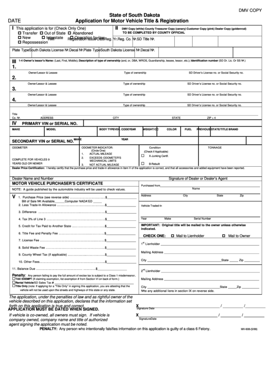 Fillable Form Mv-608 - Application For Motor Vehicle Title & Registration - 1999 Printable pdf