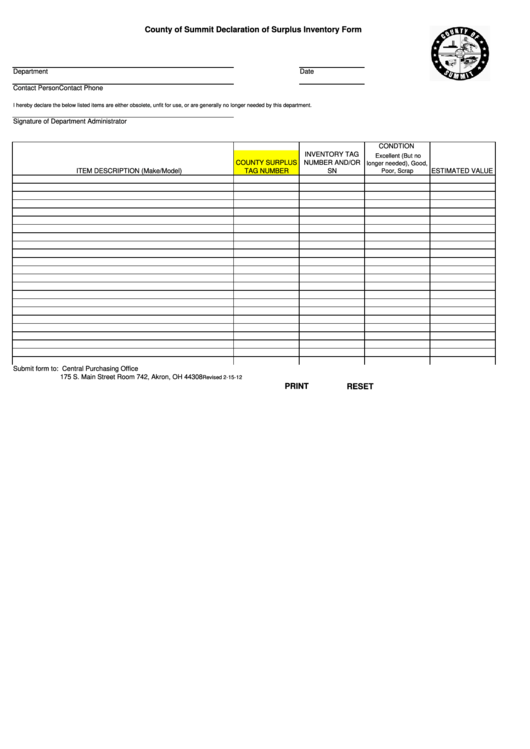Fillable County Of Summit Declaration Of Surplus Inventory Form - County Of Summit Printable pdf