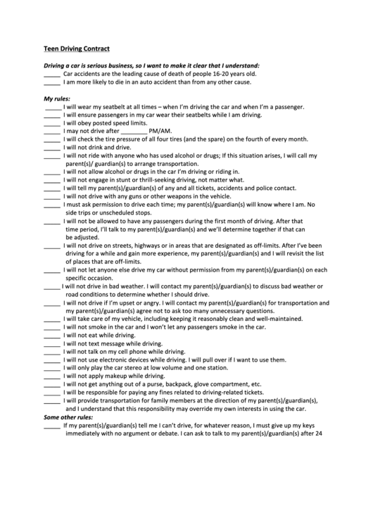 Teen Driving Contract Template Printable pdf