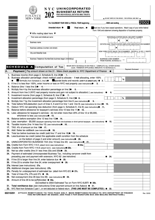 Form Nyc-202 - Unincorporated Business Tax Return For Individuals, Estates And Trusts - 2002 Printable pdf