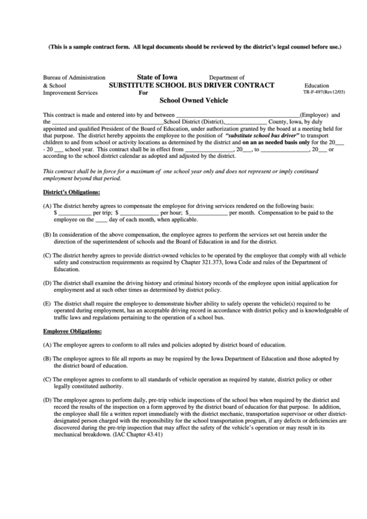 Form Tr-F-497 - Substitute School Bus Driver Contract For School Owned Vehicle Printable pdf