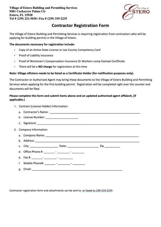 Fillable Contractor Registration Form/authorized Agent Affidavit - Village Of Estero Building And Permitting Services Printable pdf