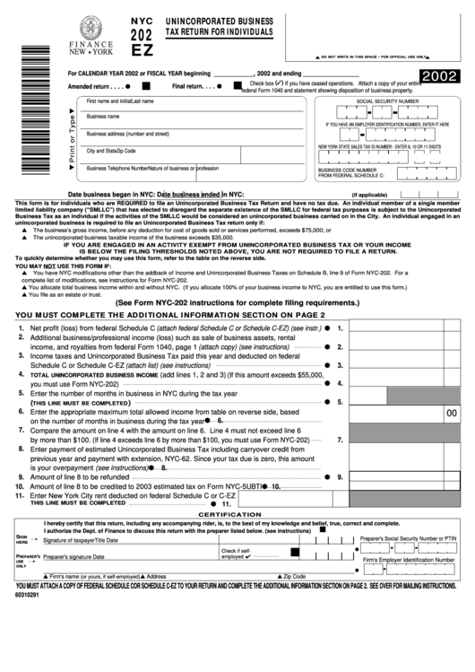 Form Nyc 202 Ez - Unincorporated Business Tax Return For Individuals - 2002 Printable pdf