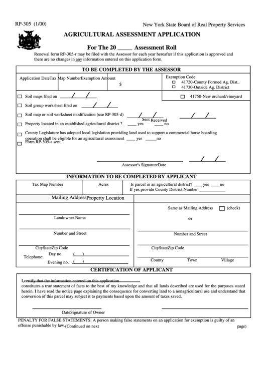 Form Rp-305 - Agricultural Assessment Application Printable pdf