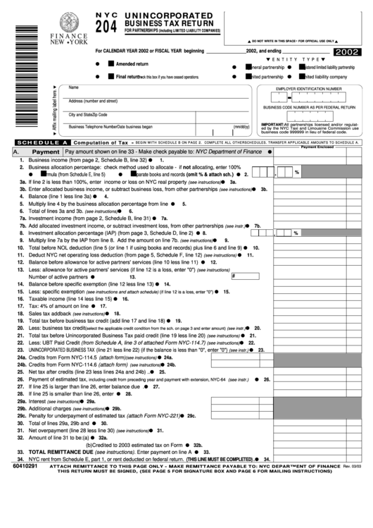 Form Nyc 204 - Unincorporated Business Tax Return - 2002 Printable pdf