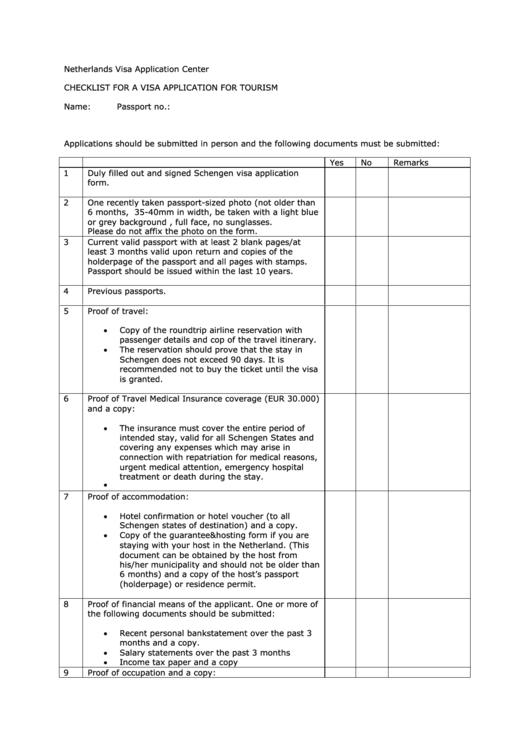 Checklist For A Netherlands Visa Application For Tourism Printable pdf