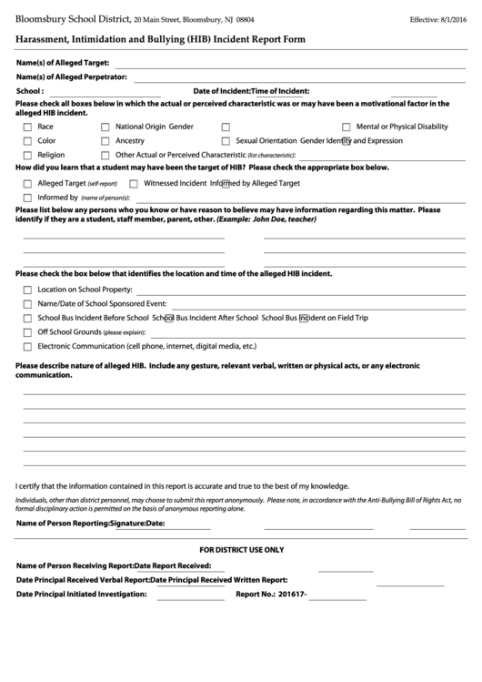 Fillable Harassment, Intimidation And Bullying (Hib) Incident Report Form Printable pdf