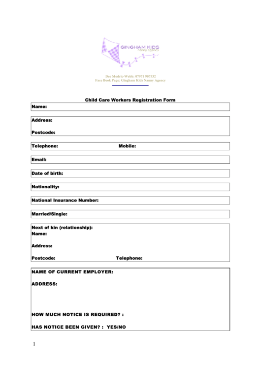 Child Care Workers Registration Form Printable pdf