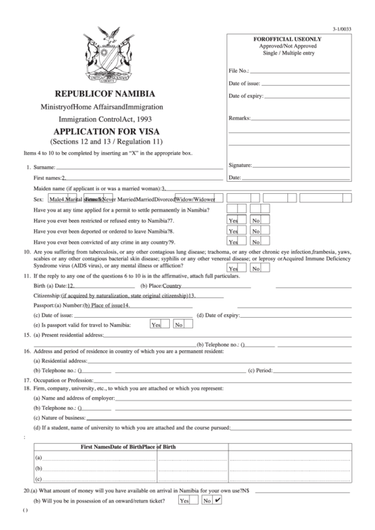 Application For Visa - Republic Of Namibia Printable pdf