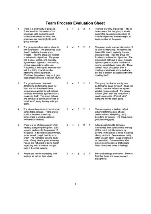 Team Process Evaluation Sheet Printable pdf