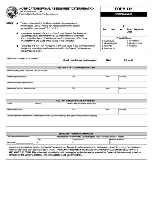 Fillable Form 115 - Notification Of Final Assessment Determination Printable pdf