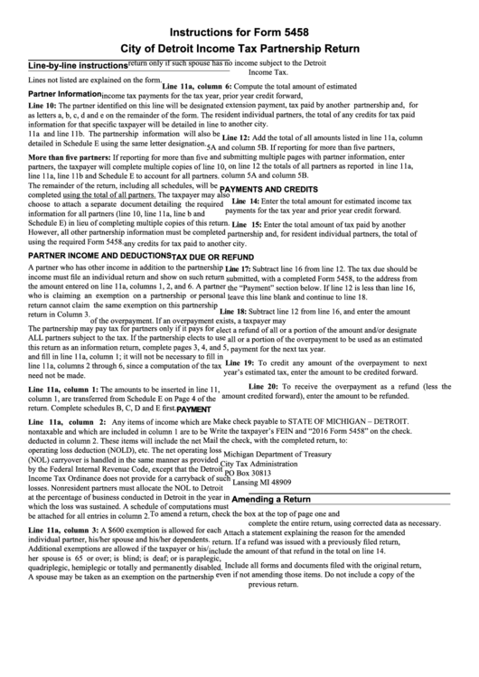 Instructions For Form 5458 - City Of Detroit Income Tax Partnership Return Printable pdf