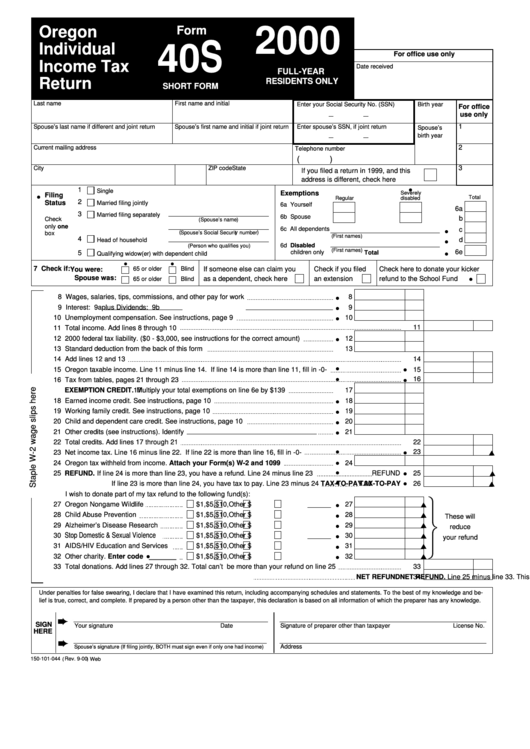 Form 40s - Oregon Individual Income Tax Return - 2000 Printable pdf