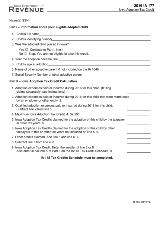 Form Ia 177 - Iowa Adoption Tax Credit Printable pdf