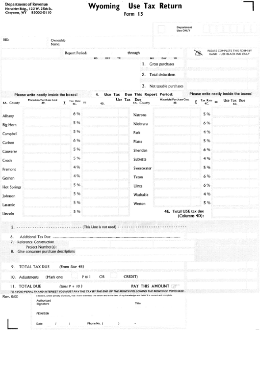 Form 15 - Wyoming Use Tax Return Printable pdf