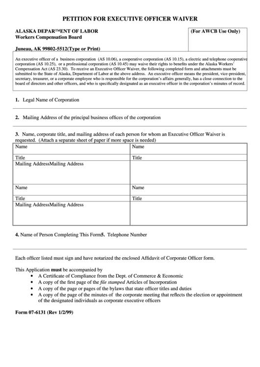 Form 07-6131 - Petition For Executive Officer Waiver - 1999 Printable pdf