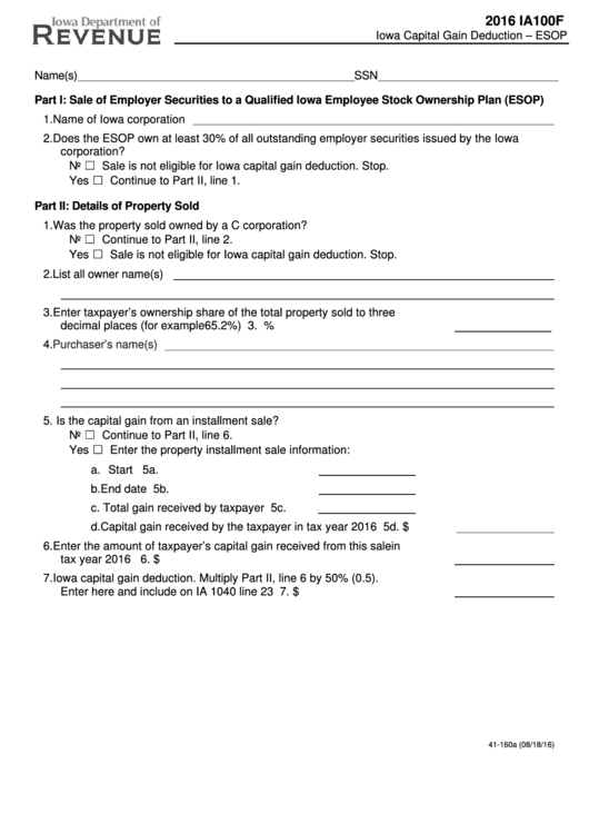 Form Ia 100f - Iowa Capital Gain Deduction - Esop Printable pdf