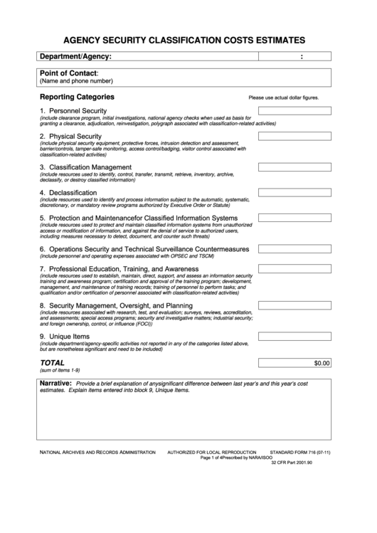 Fillable Standard Form 716 - Agency Security Classification Costs Estimates Printable pdf